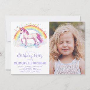 Rainbow Unicorn Birthday-inbjudningar med foto Inbjudningar
