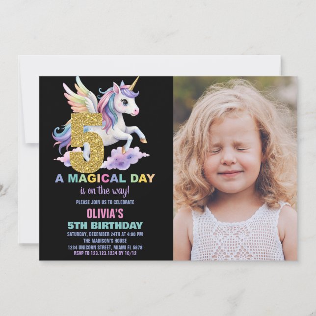 Rainbow Unicorn Birthday-inbjudningar med foto Inbjudningar (Framsida)