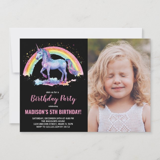 Rainbow Unicorn Birthday-inbjudningar med foto Inbjudningar (Framsida)