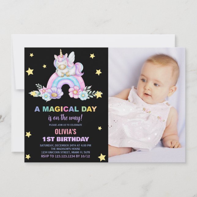 Rainbow Unicorn Birthday-inbjudningar med foto Inbjudningar (Framsida)