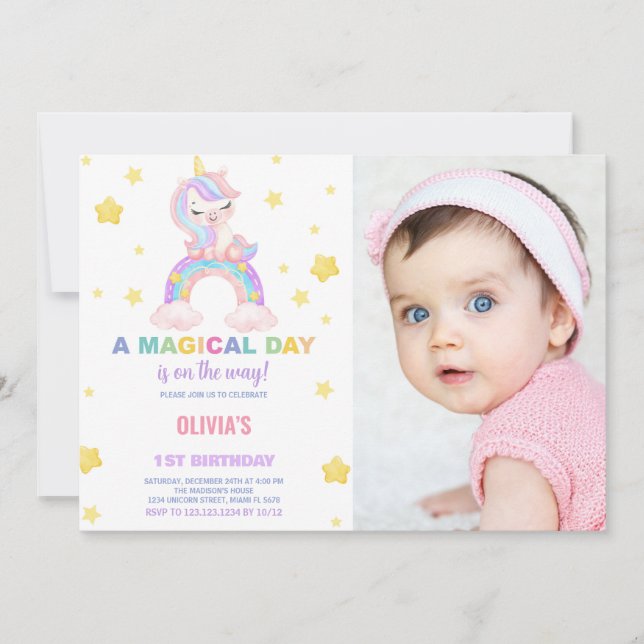 Rainbow Unicorn Birthday-inbjudningar med foto Inbjudningar (Framsida)