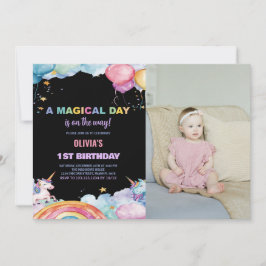 Rainbow Unicorn Birthday-inbjudningar med foto Inbjudningar