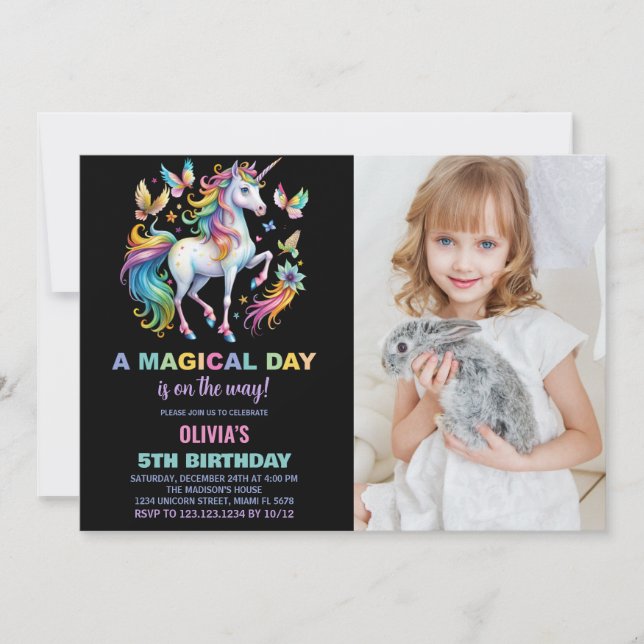 Rainbow Unicorn Birthday-inbjudningar med foto Inbjudningar (Framsida)