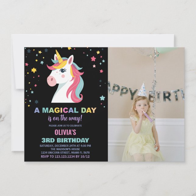 Rainbow Unicorn Birthday-inbjudningar med foto Inbjudningar (Framsida)