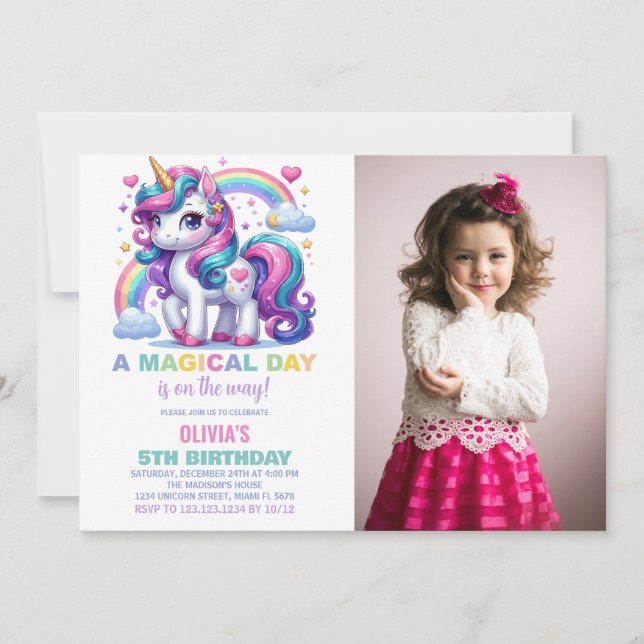 Rainbow Unicorn Birthday-inbjudningar med foto Inbjudningar (Framsida)