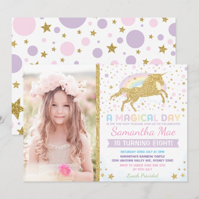 Rainbow Unicorn Birthday Investigi Stars Inbjudningar (Fram/baksida)