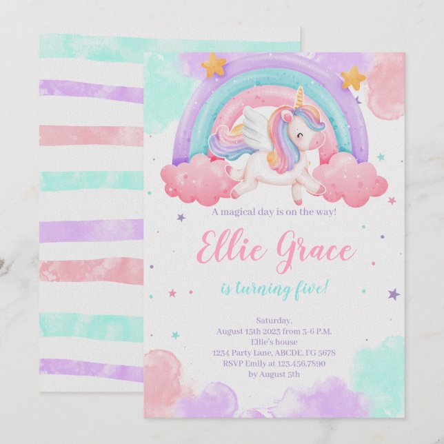 Rainbow Unicorn Birthday Magic Unicorn Inbjudningar (Fram/baksida)
