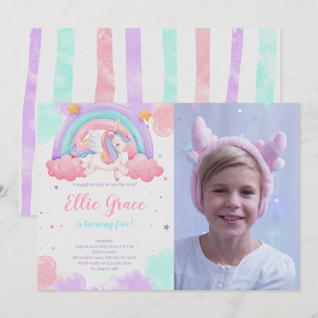 Rainbow Unicorn Birthday Magic Unicorn Photo Inbjudningar (Fram/baksida)