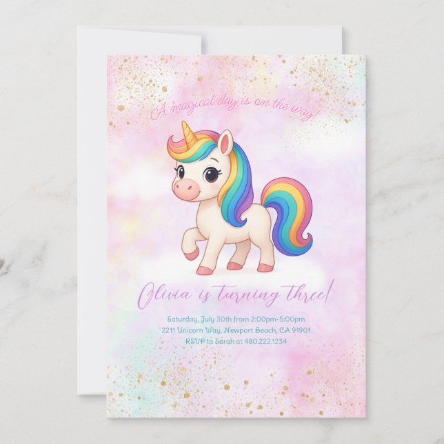 Rainbow Unicorn Birthday Party Invitation Inbjudningar (Framsida)