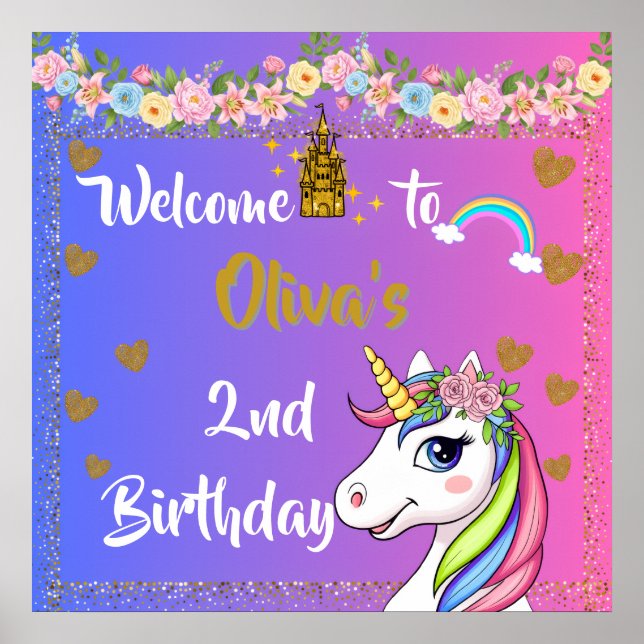 Rainbow Unicorn Birthday Välkommen Poster (Framsidan)
