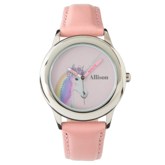 Rainbow Unicorn Blommigt Rosa Personlig Girl Girl' Armbandsur (Framsida)