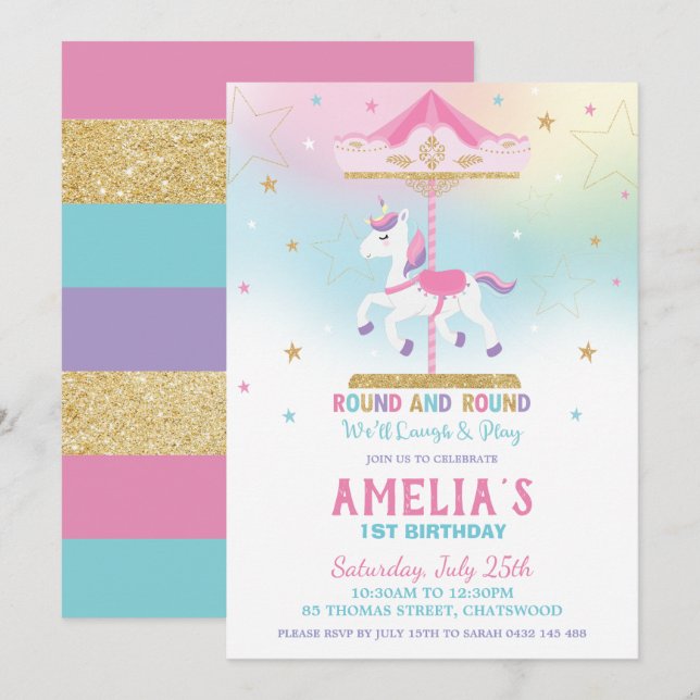 Rainbow Unicorn Carousel 1st Birthday Girl Inbjudningar (Fram/baksida)