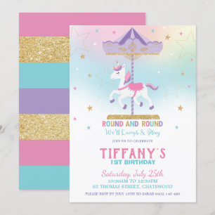 Rainbow Unicorn Carousel 1st Birthday Guld Glitter Inbjudningar
