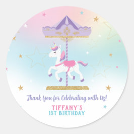 Rainbow Unicorn Carousel 1st Birthday Guld Glitter Runt Klistermärke