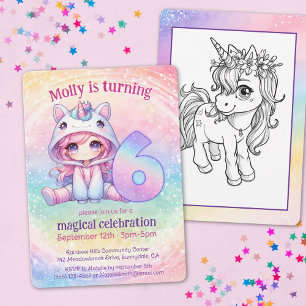 Rainbow Unicorn chibi girly 6e födelsedag Inbjudningar