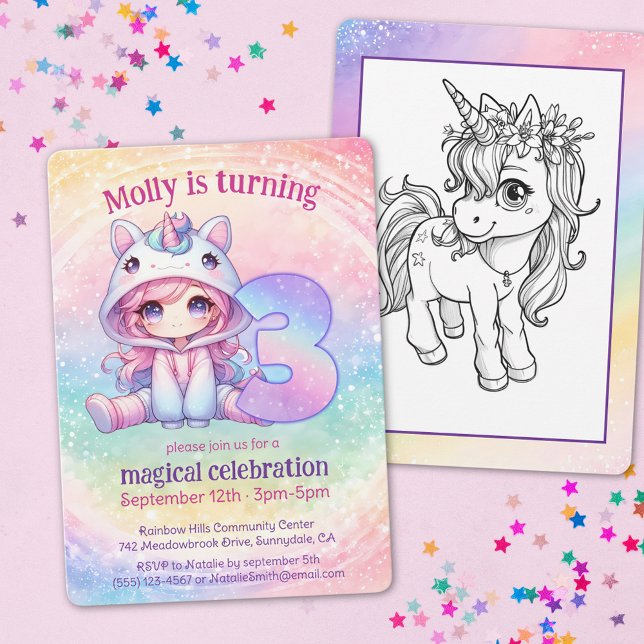 Rainbow Unicorn chibi tjej 3 år Inbjudningar (Skapare uppladdad)