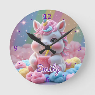 Rainbow Unicorn Clock - Editable Namn Rund Klocka