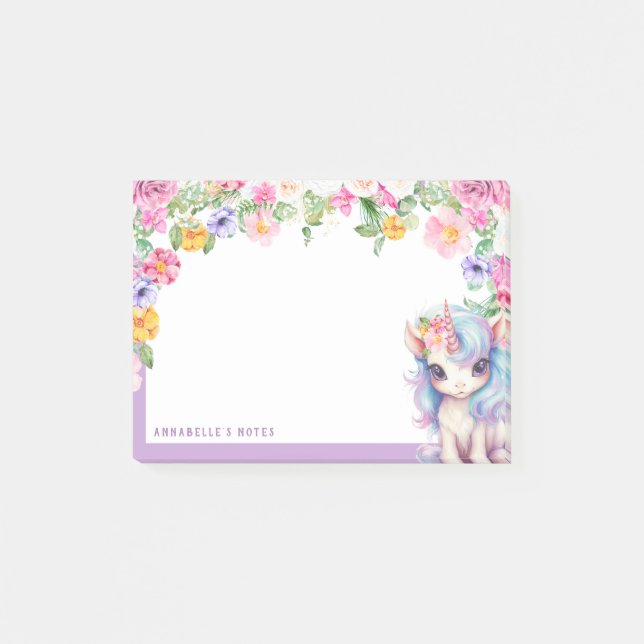 Rainbow Unicorn Custom Name Blommigt Kids School Post-it Block (Framsida)