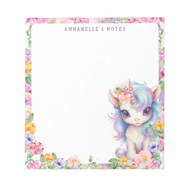 Rainbow Unicorn Cute Blommigt Lila Kids School Anteckningsblock (Framsida)