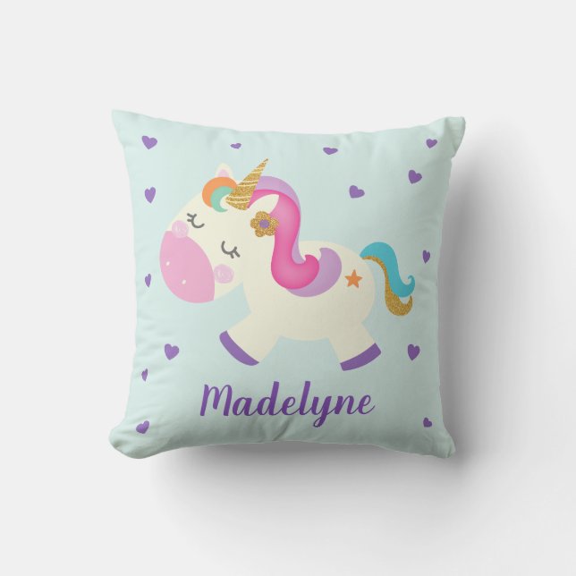 Rainbow Unicorn Cute Personlig Namn Aqua Kudde (Framsida)