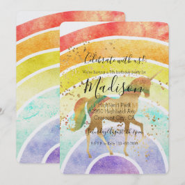 Rainbow Unicorn Dream Guld Confetti Birthday Inbjudningar