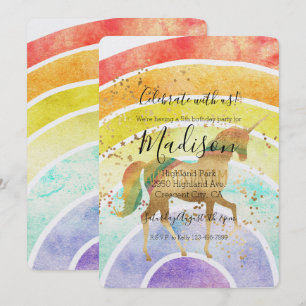 Rainbow Unicorn Dream Guld Confetti Birthday Inbjudningar