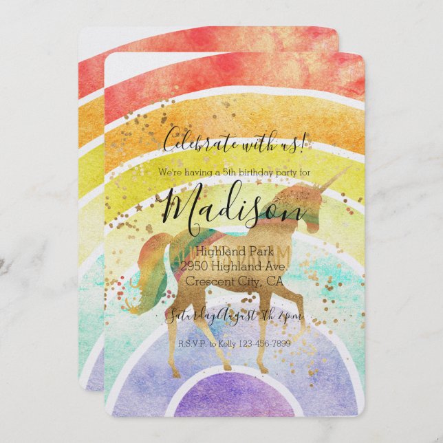 Rainbow Unicorn Dream Guld Confetti Birthday Inbjudningar (Fram/baksida)