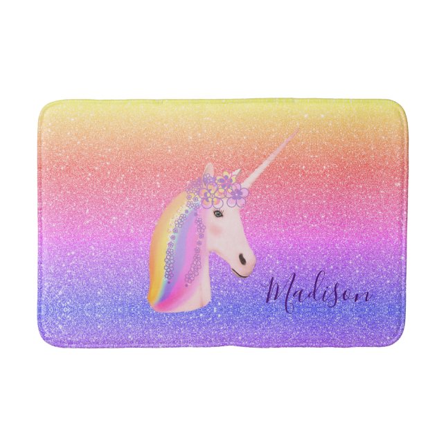 Rainbow Unicorn Faux Glitter Girls Personlig Badrumsmatta (Framsidan)