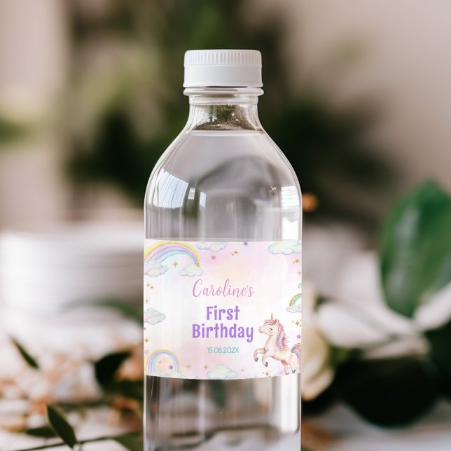 Rainbow Unicorn First Birthday Vattenflaska Label Vattenflaskor Etikett (Skapare uppladdad)