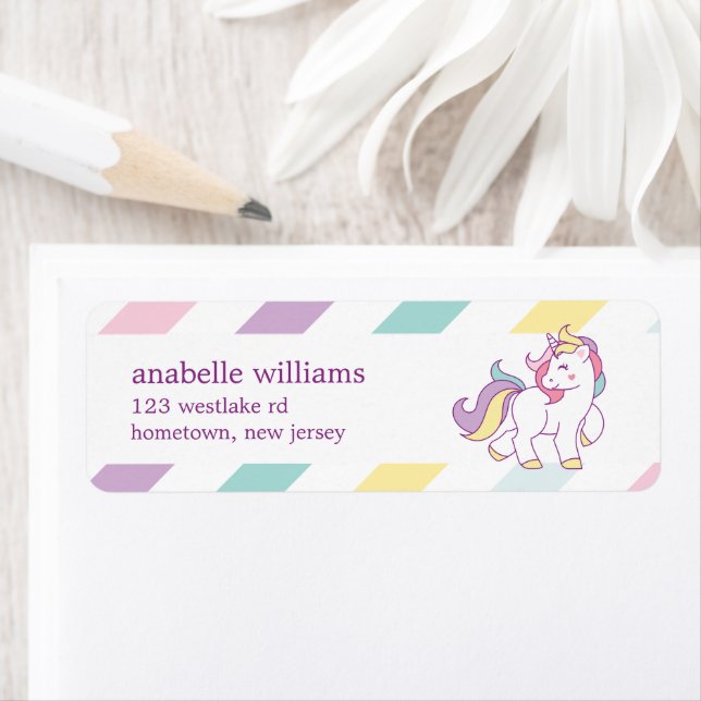 Rainbow Unicorn Flick kalas Returadress Etikett (Insitu)