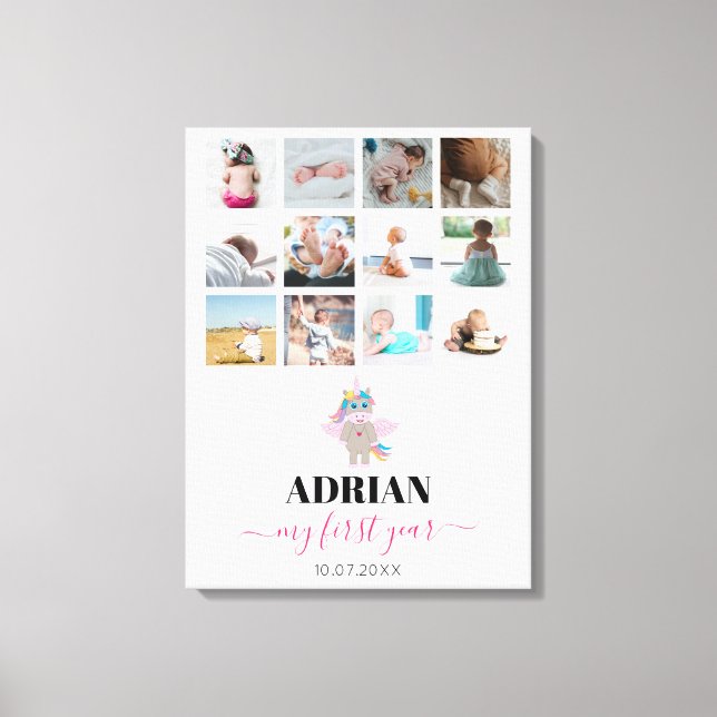 Rainbow Unicorn Flicka First Year Photo Collage Canvastryck (Framsida)