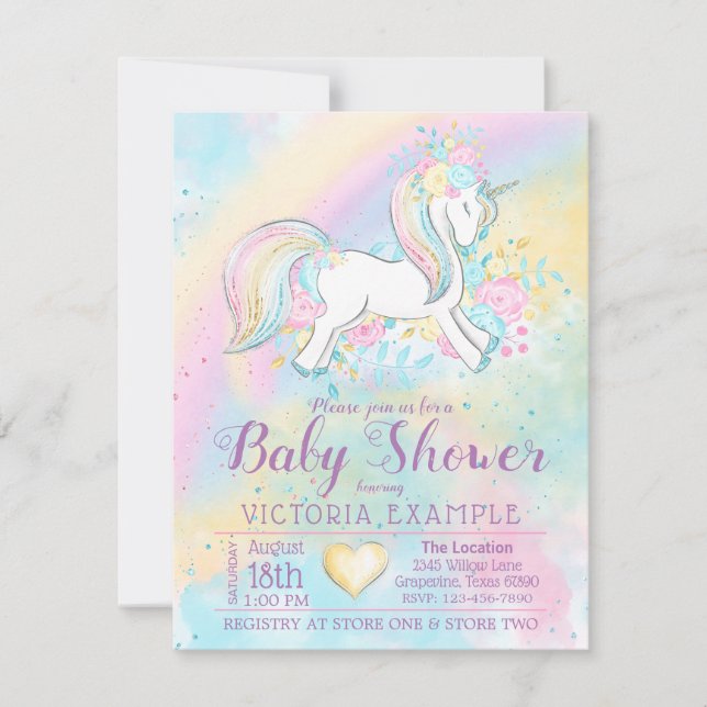 Rainbow Unicorn Flicka Shower-inbjudningar Inbjudningar (Framsida)