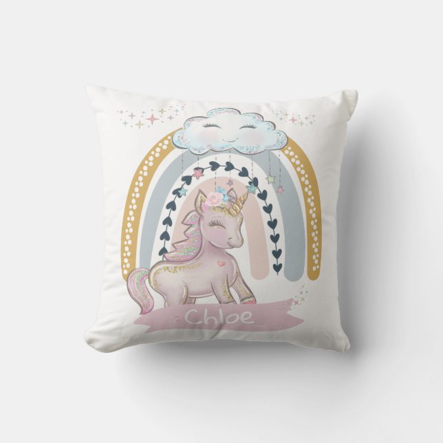 🦄 Rainbow Unicorn Flickans eget namn Kudde (Framsida)