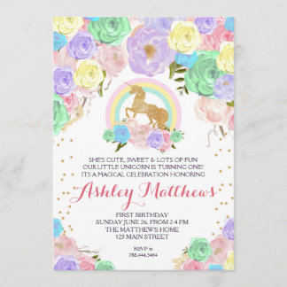 Rainbow Unicorn-födelsedag, inbjudan till första B
