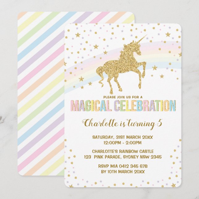 Rainbow Unicorn Födelsedagsfest Inbjudan Twinkle S (Fram/baksida)