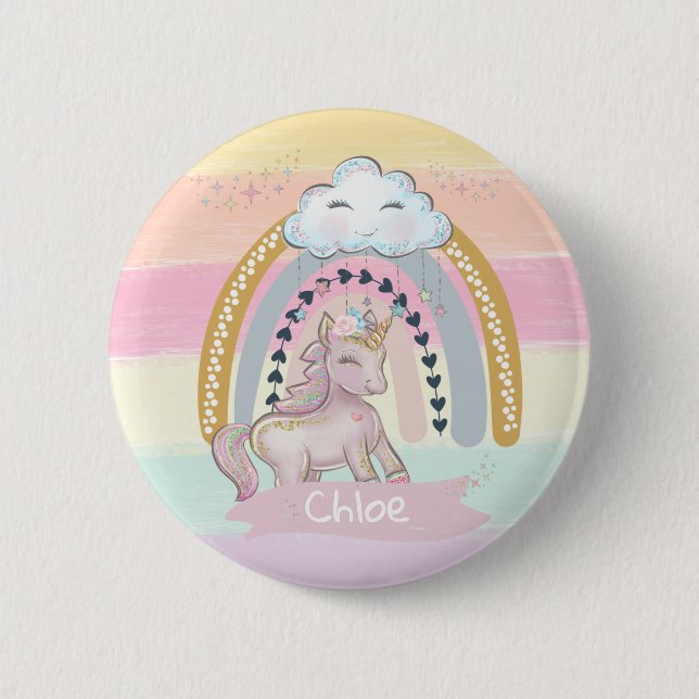 🦄 Rainbow Unicorn Girl Custom Name Heart Knapp (Framsida)