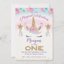 Rainbow Unicorn Glitter 1:a födelsedagsinbjudan Inbjudningar