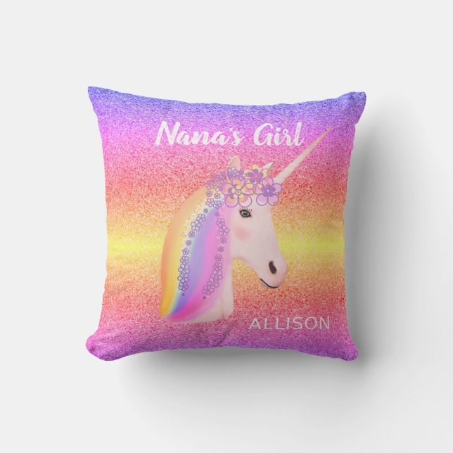 Rainbow Unicorn Glitter Nanas Girl Personlig Kudde (Framsida)