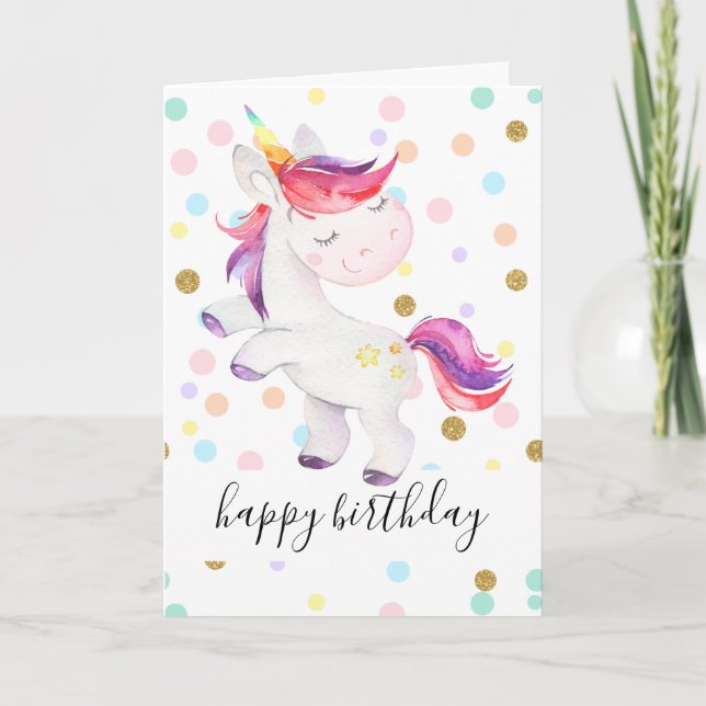 Rainbow Unicorn Glitter Polka Dot Girl Birthday Kort (Framsida)