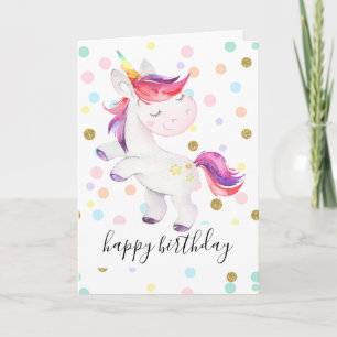 Rainbow Unicorn Glitter Polka Dot Girl Birthday Kort
