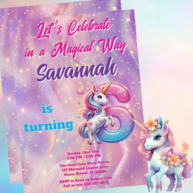 Rainbow Unicorn Gnistra 6e Födelsedagsfest Inbjudningar (Magical Unicorn Birthday Party Invitation)