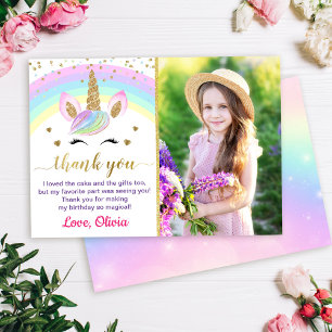 Rainbow Unicorn Guld Glitter Girl Birthday Photo Tack Kort