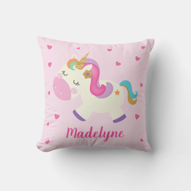 Rainbow Unicorn Hearts Personlig Rosa Kudde (Framsida)