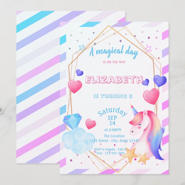 Rainbow Unicorn,Hearts, Stripe Birthday Inbjudningar (Fram/baksida)