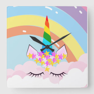 Rainbow Unicorn i Himlar Småbarn Fyrkantig Klocka