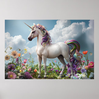 Rainbow Unicorn in Flower Meadow - Fantasy Pastel Poster