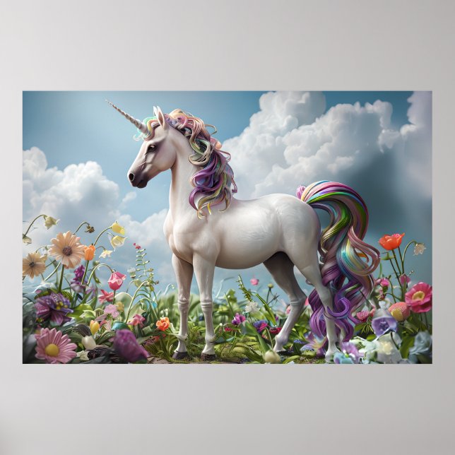 Rainbow Unicorn in Flower Meadow - Fantasy Pastel Poster (Framsidan)