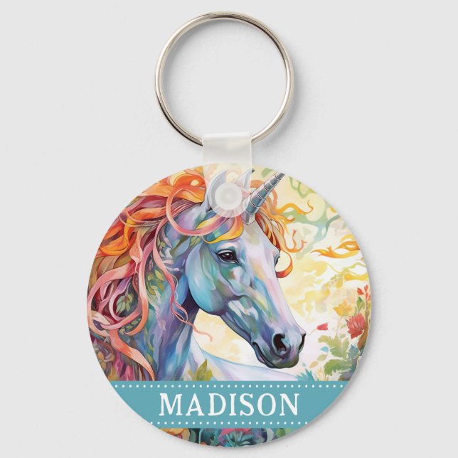 Rainbow Unicorn Keychain med anpassat namn Nyckelring (Framsida)