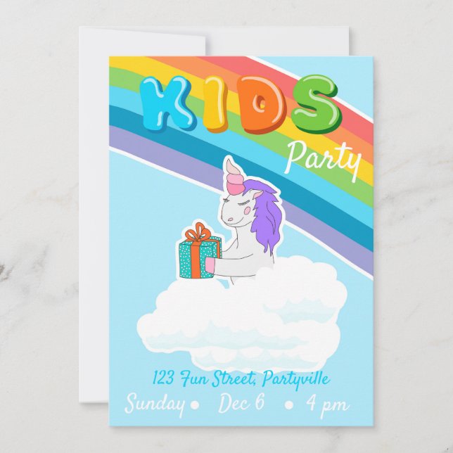 Rainbow Unicorn Kids Party-inbjudan Inbjudningar (Framsida)