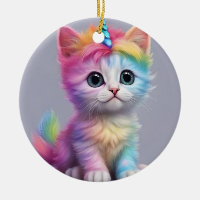 Rainbow Unicorn Kitten Julgransprydnad Keramik (Framsidan)